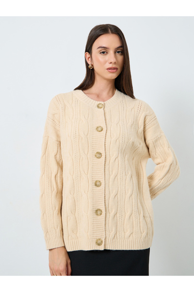 Styli Beige Longline Cable Knit Cardigan