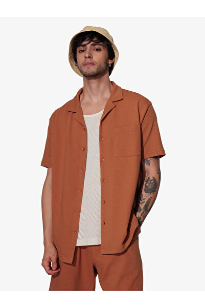 The Souled Store By Styli Men Orange Resort Collar Textured Shirt