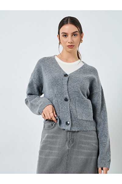 Take Two By Styli Grey Short Length Cardigan with Buttons