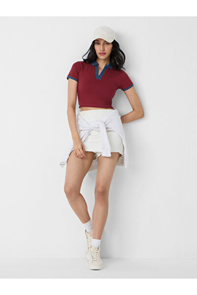 The Souled Store By Styli Red Open Collar Crop Polo T-Shirt