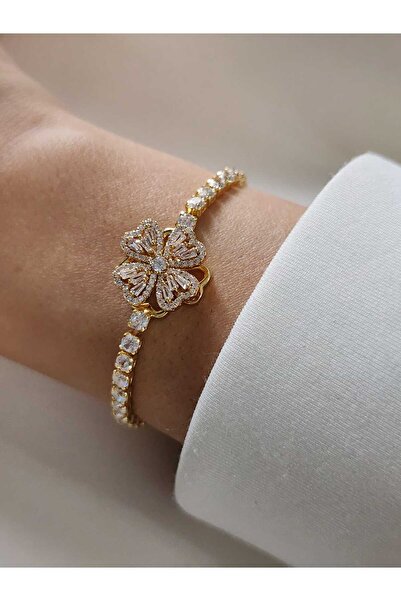 ZÜLİSCH ÇELİK BİLEKLİK YONCA DÖNEN MODEL GOLD ZİRKON TAŞLI AYARLANABİLİR ASAN...