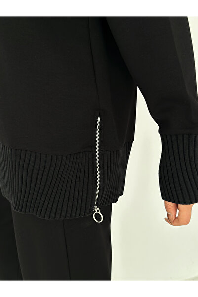 Gugus Women's Zip-Up Side Split Tricot Set with Detailing on the Bottom and Top, Modal Fabric