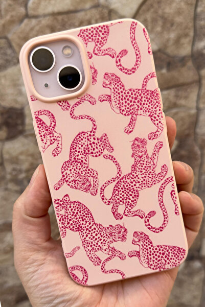 Vip Case iPhone 13 Uyumlu Pembe Leopar Desenli Silikon Darbe Emici Klasik Korumalı Rubber Kılıf