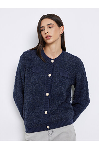 Styli Navy Blue Regular Fit Mixed Yarn Cardigan