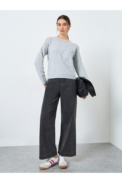 Take Two By Styli Grey Floral Applique Knit Sweater