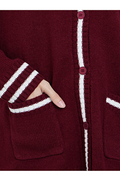 Styli Burgundy Regular Fit Striped Buttoned Cardigan