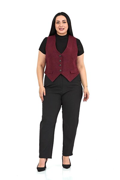 DISENTIS MODEST Plus Size Button Closure Pocket Flap Lined Short Cashmere Burgundy Vest