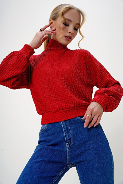 Trend Alaçatı Stili Women's Red Half Turtleneck Wrap Crop Blouse Alc-X13124