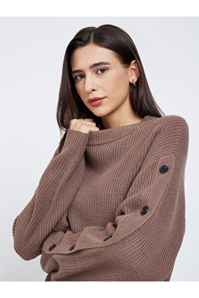 Styli Brown Regular Fit Button-Detail Sweater
