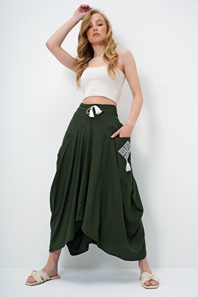 Trend Alaçatı Stili Women's Khaki Embroidered Double Pocket Shalwar Cut Woven Skirt Alc-X11801