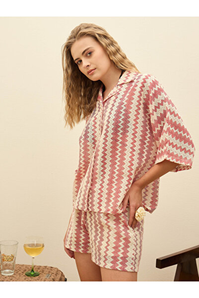 Sassafras By Styli Women Red Chevron Printed Short Sleeve Oversized Shirt