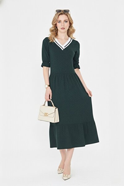 Avones Ženska pletena haljina kratkih rukava sa V-izrezom Vuna Viskoza Midi v...