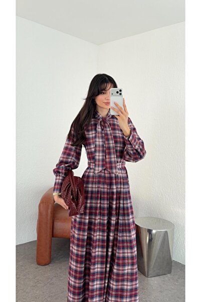 HAZELANNA Yaka Fiyonklu Bordo Ekoseli Elbise