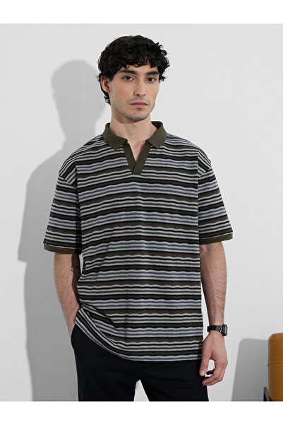 The Souled Store By Styli Men Striped Open Collar Oversized Polo