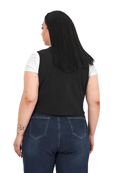 DISENTIS MODEST Plus Size Button Closure Pocket Flap Lined Short Cashmere Black Vest