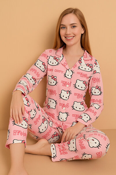Silona Homewear Hello Kitty 3 Pudra Renk Gömlek Yaka Pijama Takımı
