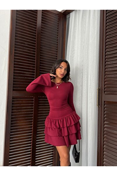 novalook Rochie mini romantică roz cu volane, cu mâneci lungi, rochie elegant...