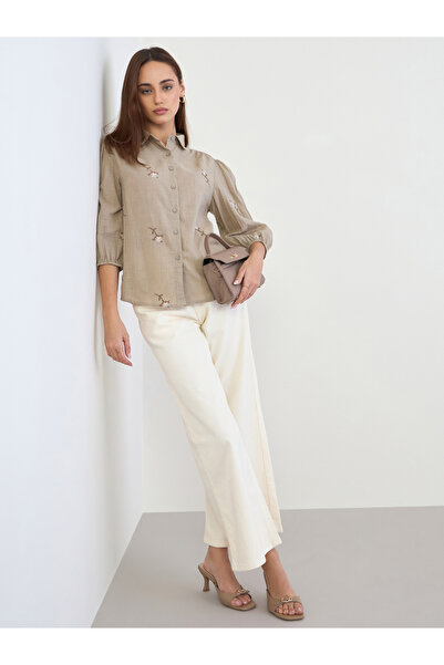 Styli Brown 3/4 Sleeves Embroidered Shirt