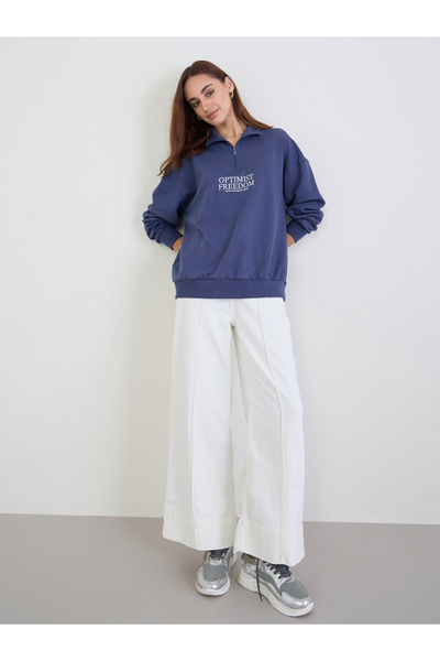 Styli Dark Blue Regular Fit Sweatshirt with Quarter Zip