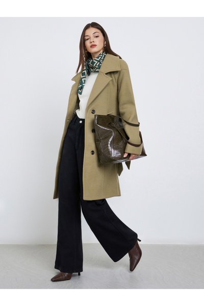 Styli Khaki Regular Fit Wool Like Belted Coat