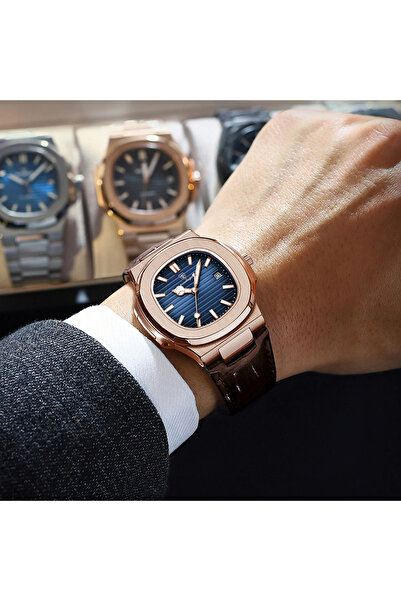 POEDAGAR Ανδρικό Ρολόι Χειρός Fashion Quartz Casual Καφέ Δέρμα Μπλε