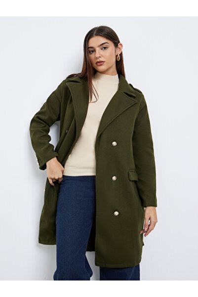 Styli Olive Regular Fit Double Breasted Wool Like Coat