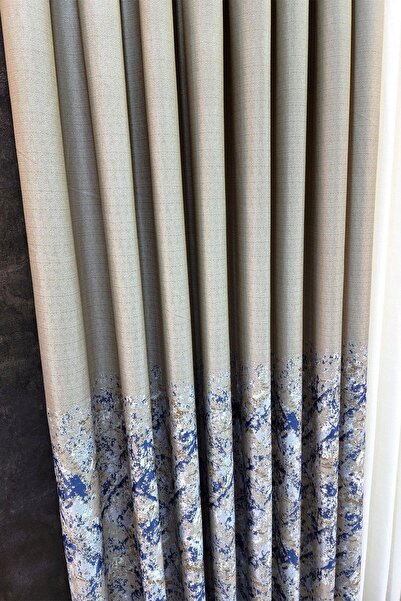 lissehome Lina Linen Woven Background Curtain Beige Navy Blue Color Patterned