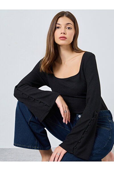 Styli Black Square Neck Ribbed Knit Top
