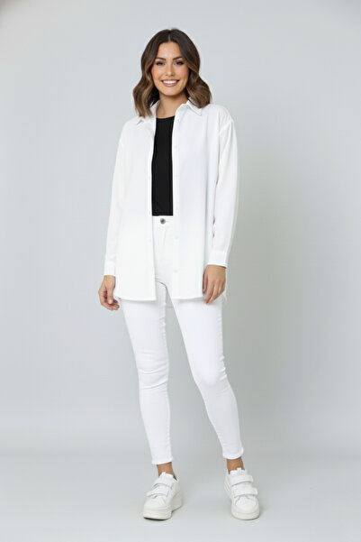 nacar çarşı Kadın Oversize Beyaz Uzun Kollu Gömlek Şık Trend