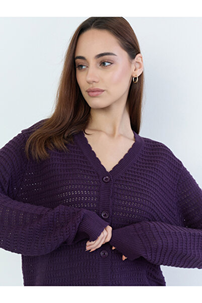 Styli Purple Textured Regular Fit Regular Length Buttoned Cardigan