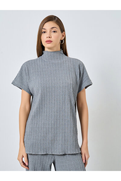 Styli Grey Textured High Neck Top with Side Slit