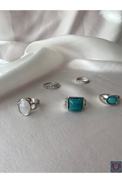 uyguntakıaksesuar مجموعة من 5 خواتم فضية اللون بتفاصيل حجرية – مجموعة عصرية ب...