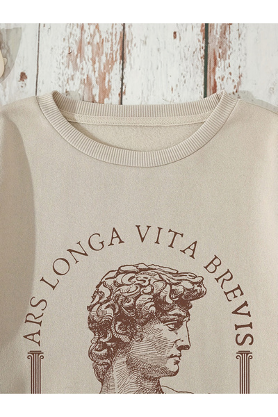 Take Two By Styli Beige Dropped Shoulder Printed Sweatshirt