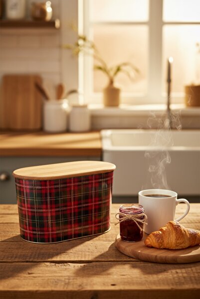 EVLE Metal Bread Box with Plaid Pattern Wooden Cutting Board, 10.4 Lt