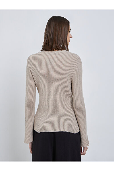 Styli Beige Ribbed Button-Down Knit Top with Bell Sleeves