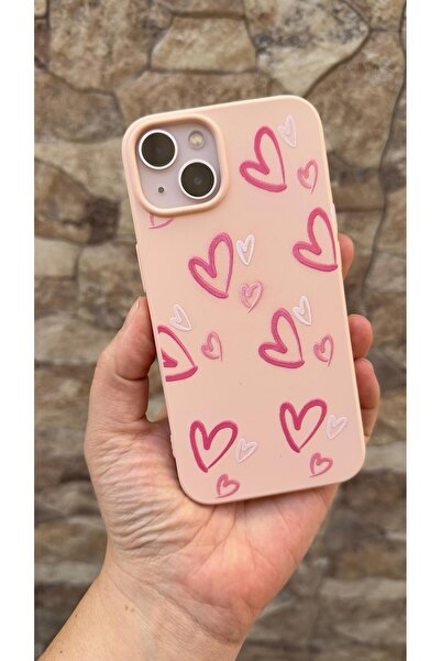 Vip Case iPhone 13 Uyumlu Pembe Kalp Desenli Silikon Darbe Emici Klasik Korumalı Rubber Kılıf