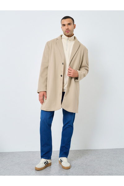 Styli Men Beige Longline Wool Like Coat