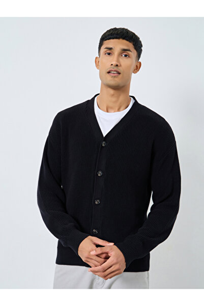 Styli Men Black Knit Cardigan with Button Placket