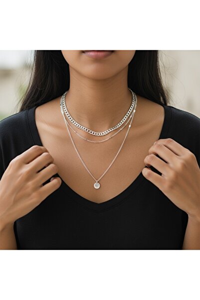 SAZAK AKSESUAR Kadın Gümüş Renk Katlı Zincir Pullu Paslanmaz Çelik Modern Min...