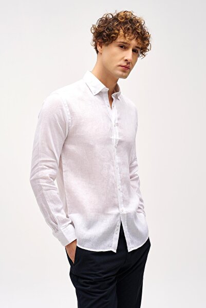 İgs Біла лляна сорочка з довгими рукавами та коміром-накладкою Dynamic Fit