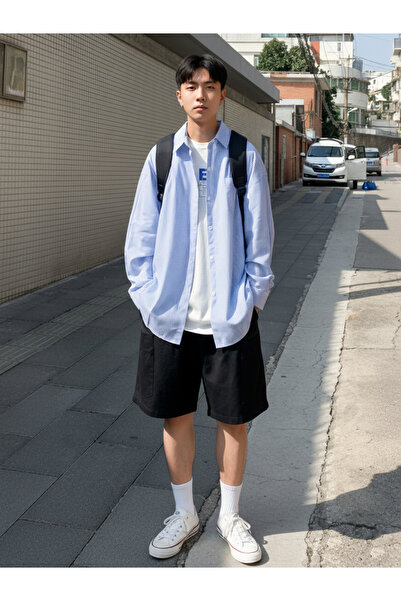 Take Two By Styli Men Blue Striped Oversized Shirt