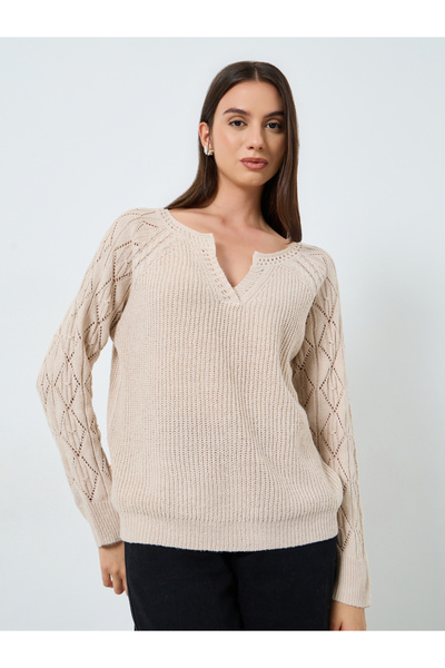 Take Two By Styli Beige V Neck Knitted Sweater
