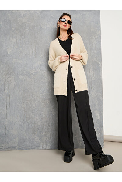 Take Two By Styli Solid Oversized Furry Button Up Cardigan