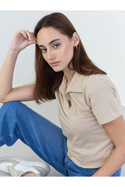 Styli Beige Cotton Polo T-Shirt