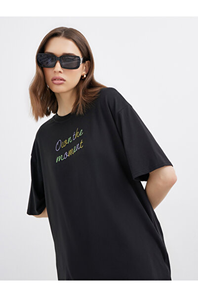 Take Two By Styli Black Oversized T-Shirt with Embroidered Slogan