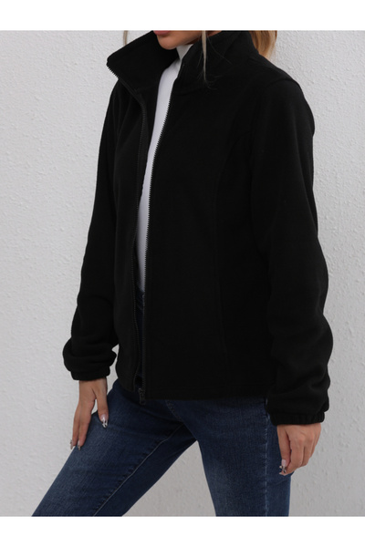Take Two By Styli Women Black Fleece Zip Jacket