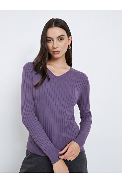 Styli Purple Regular Fit Wide Ribbed Sweater