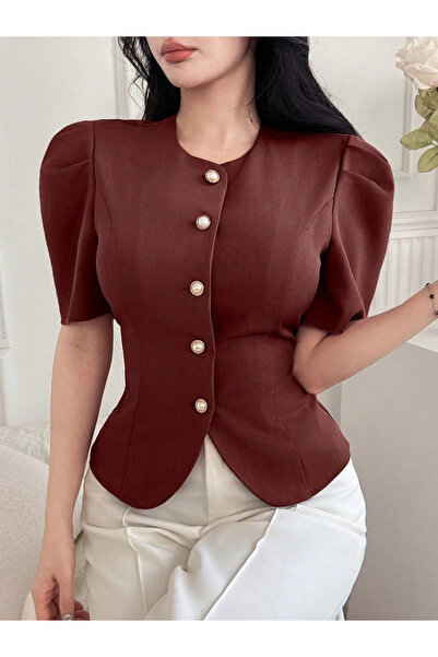 Take Two By Styli Solid Puff Sleeve Button Front Top