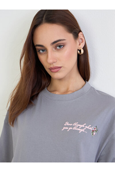 Styli Grey Slogan Embroidered Oversized T-Shirt