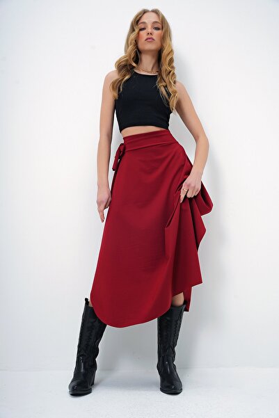 Trend Alaçatı Stili Women's Burgundy Asymmetrical Cut Waist Tied Skirt Alc-X5001